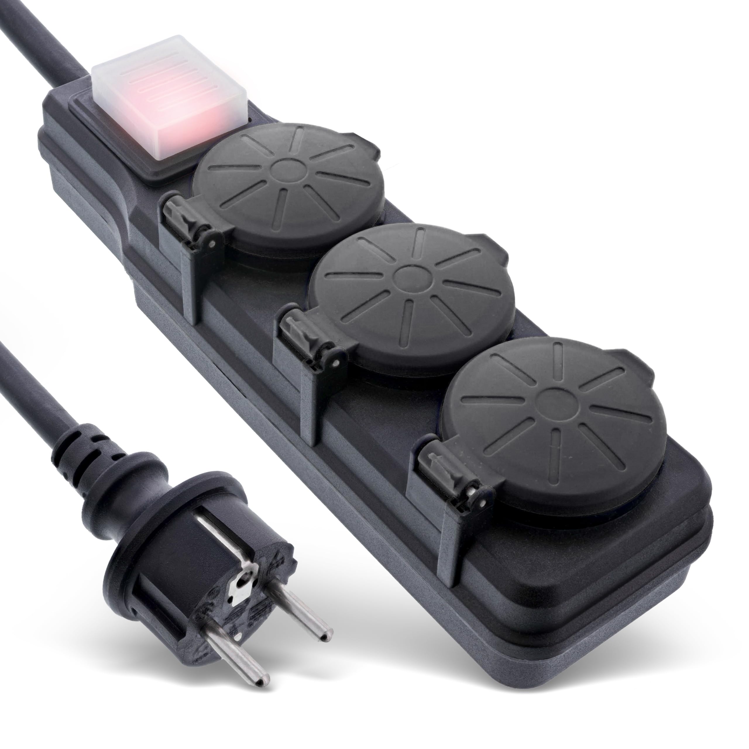 Inline 3-Fach Steckdosenleiste, Außensteckdose, Outdoor, Mehrfachsteckdose, Steckerleiste, IP44, mit beleuchtetem EIN/Aus Schalter, erhöhter Berührungsschutz, Länge: 3m, 16493O