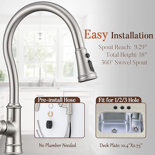 Miniatura 6 de WINKEAR Grifo de cocina de latón con rociador extraíble, 3 modos de rociador, grifo de fregadero de cocina de pico largo, arco alto romano, tres o