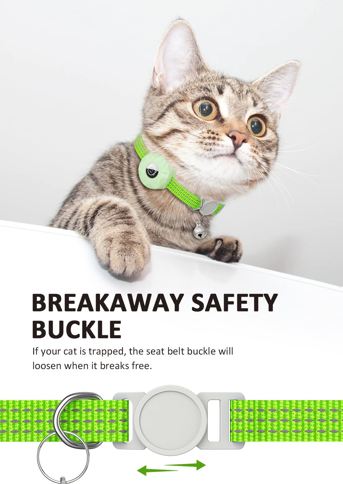 AirTag - Collar reflectante para gato, collar de gato Apple Air Tag, collar de gato GPS con soporte para AirTag y campana, collares ligeros para gatos y cachorros (verde luminoso)
