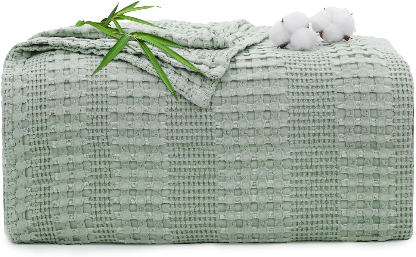 Cooling Cotton Waffle Blanket Queen Size for Bed- Lightweight Breathable Throw Blankets of 50% Rayon Derived from Bamboo for Hot Sleepers, Luxury Soft Summer Blanket, Sage Green, 90"x90" Sage Green Queen (90"x 90")