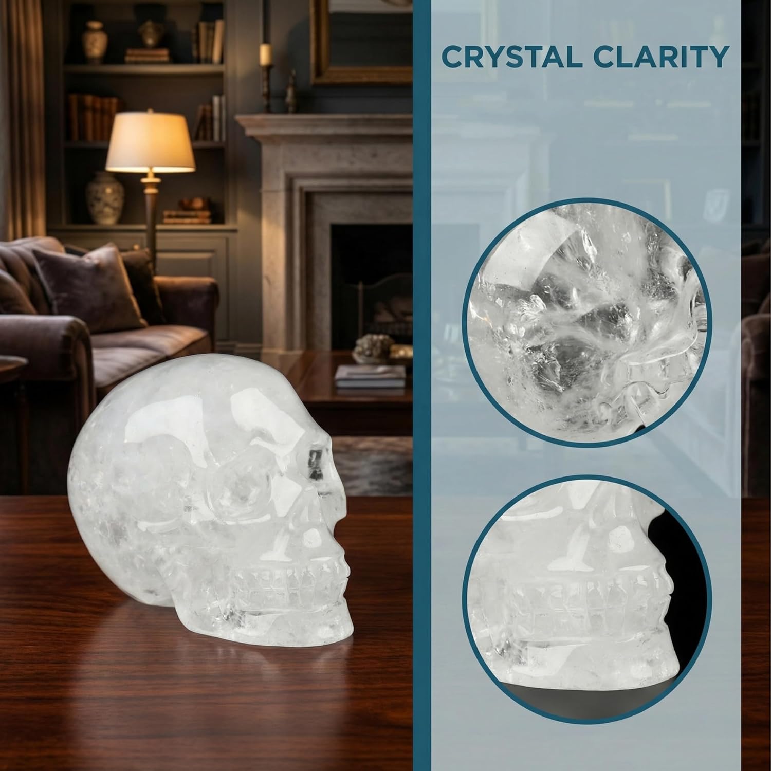 CrysalHola Large Natural Clear Quartz Crystal Carved Skull, 10-12cm Human Skull Statue, Spiritual Decor Home Office Decor, Detailed Hand Carved Gemstone