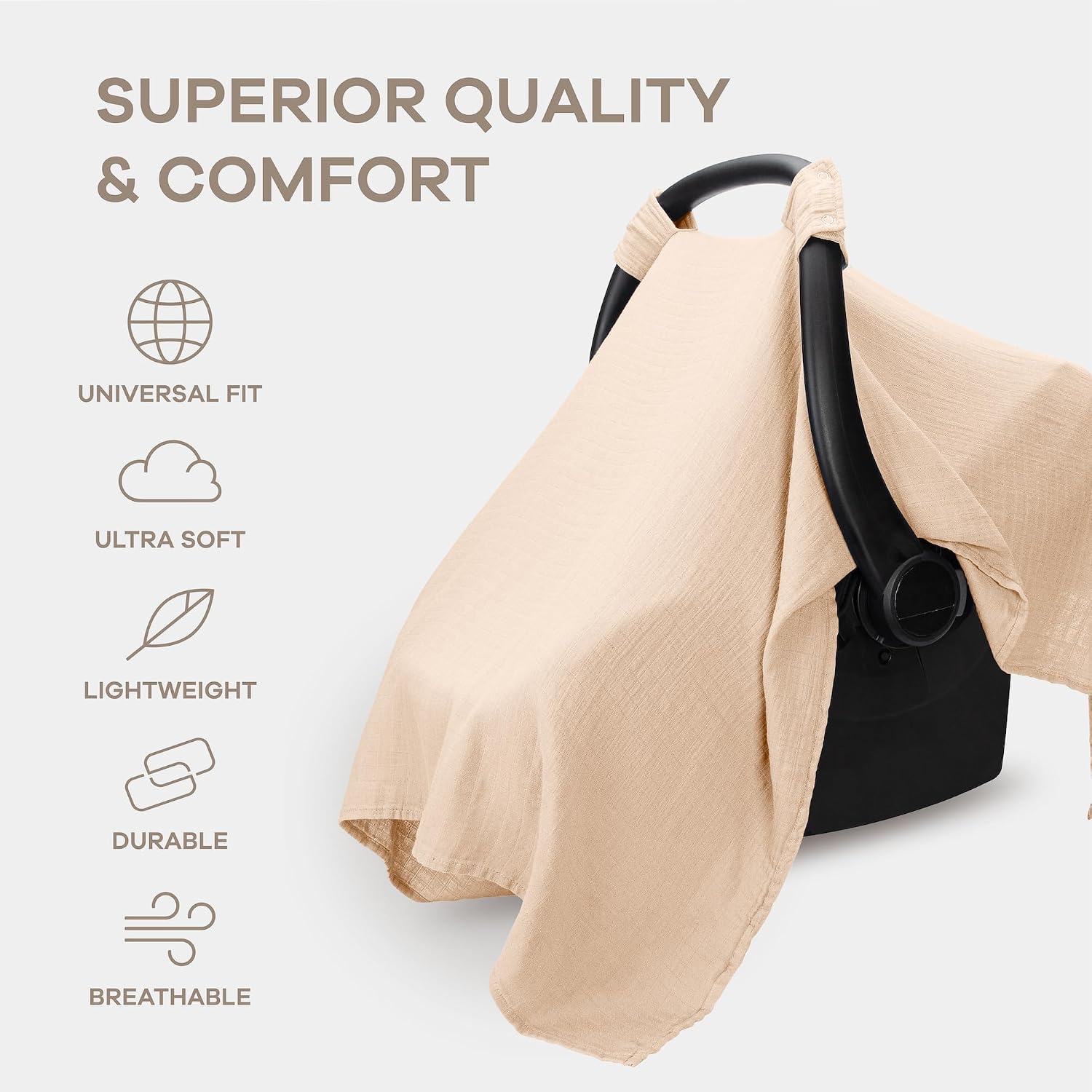 Comfy Cubs Baby Car Seat Cover - Soft, Breathable Bamboo Rayon and Muslin Cotton Blend - Lightweight Canopy for Sun, Bug, and Comfort Protection - Large Size Infant Seat Cover in Cream Design
