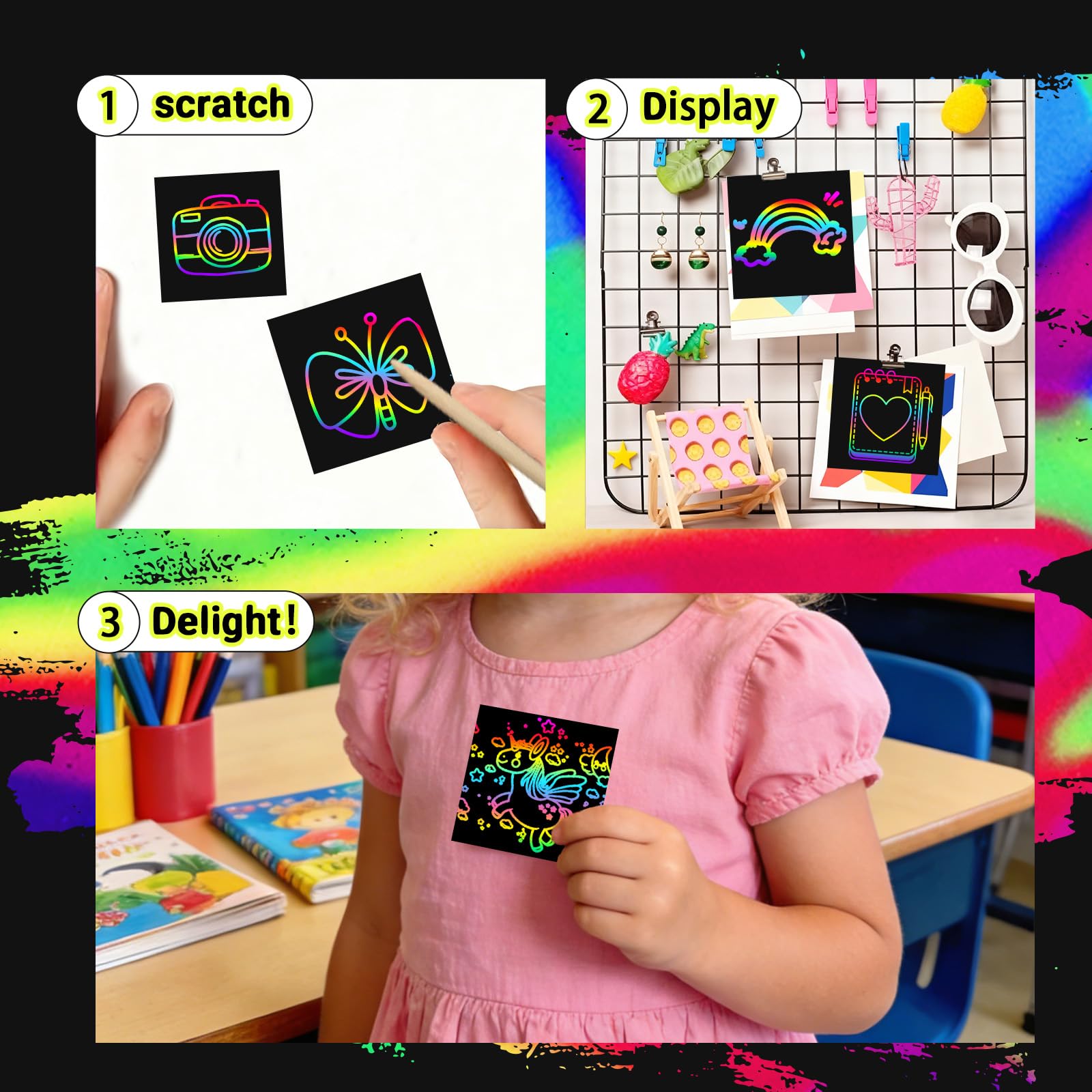 ZMLM Rainbow Scratch Mini Art - 125 Magic Scratch Note Pads Cards Sheets for Kids Black Scratch Art Crafts DIY Party Favor Supplies Kit Birthday Game Toy Gifts Box for Girls Boys