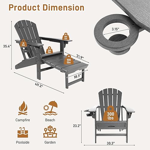 Miniatura 2 de Silla Adirondack ajustable de 3 niveles con otomana retráctil, silla de hoguera de polietileno de alta densidad para todo tipo de clima con soportes