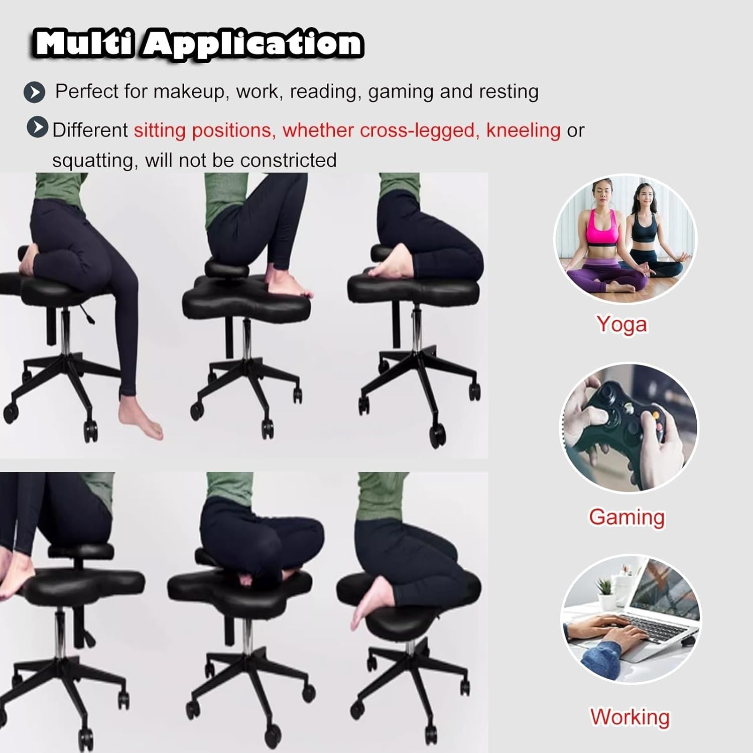 Office Chair Cross Legged Chair，Height-Adjustable Kneeling Chair with Wheels & 2 Cushion, Cross Legged Chair for Office Home Yoga Enthusiasts Meditation Fanatics, Best Chair for Posture, Bla