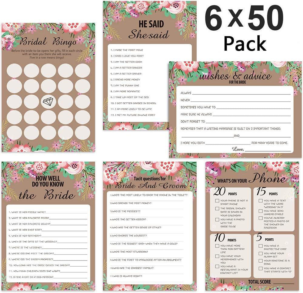 300 Sheet Floral Bridal Shower Games Bingo Games Cards, POAO Wedding Game Cards Pack and Party Supplies, Set of 6 Games / 50 Sheets Each Game(5 x 7Inches)