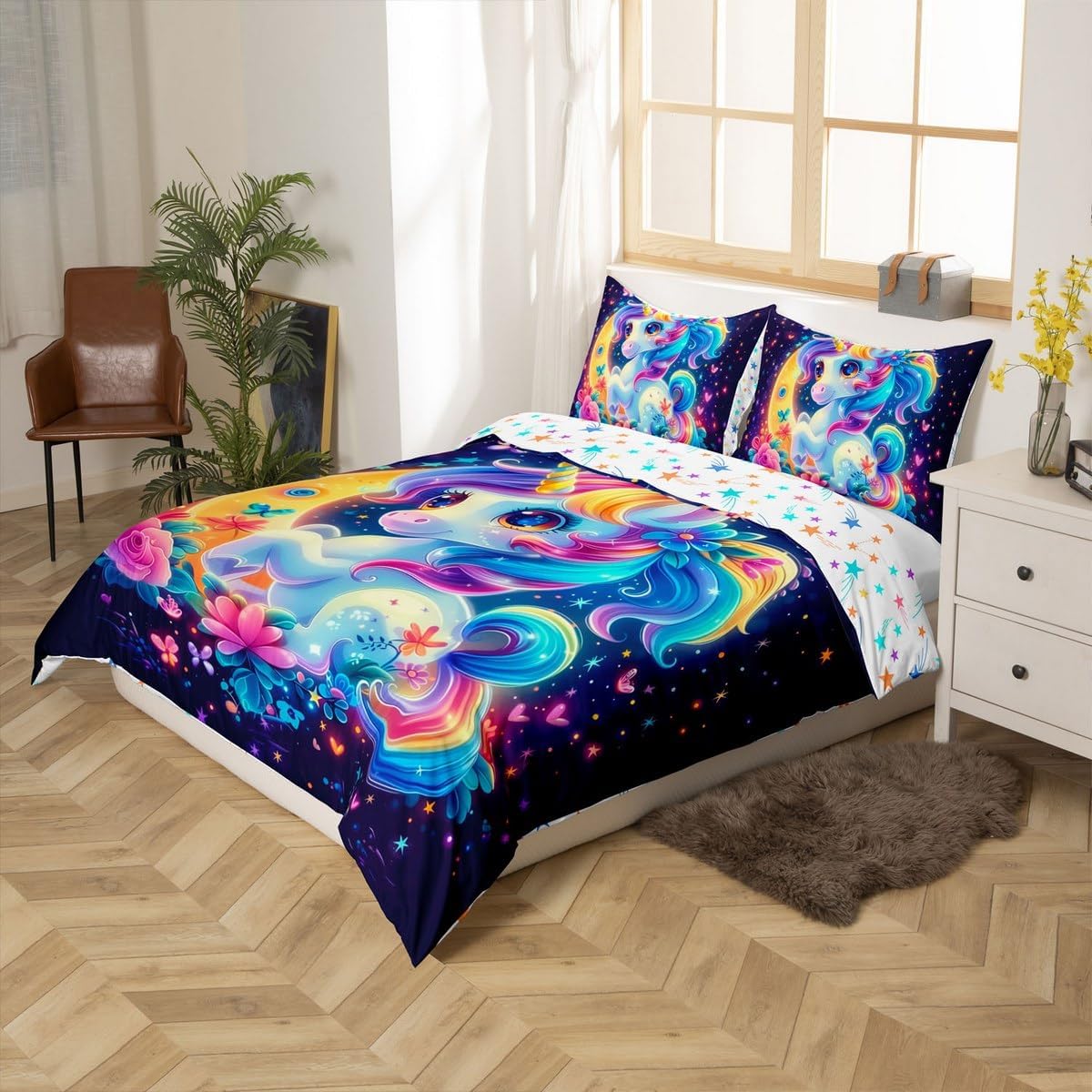 Erosebridal Moon Unicorn Kids Duvet Cover Kawaii Magical Unicorn Toddler Bedding Sets for Girls Room Decor Cute Rose Floral Butterfly Love Heart Comforter Cover Rainbow Unicorn Bed Set 2 Piece