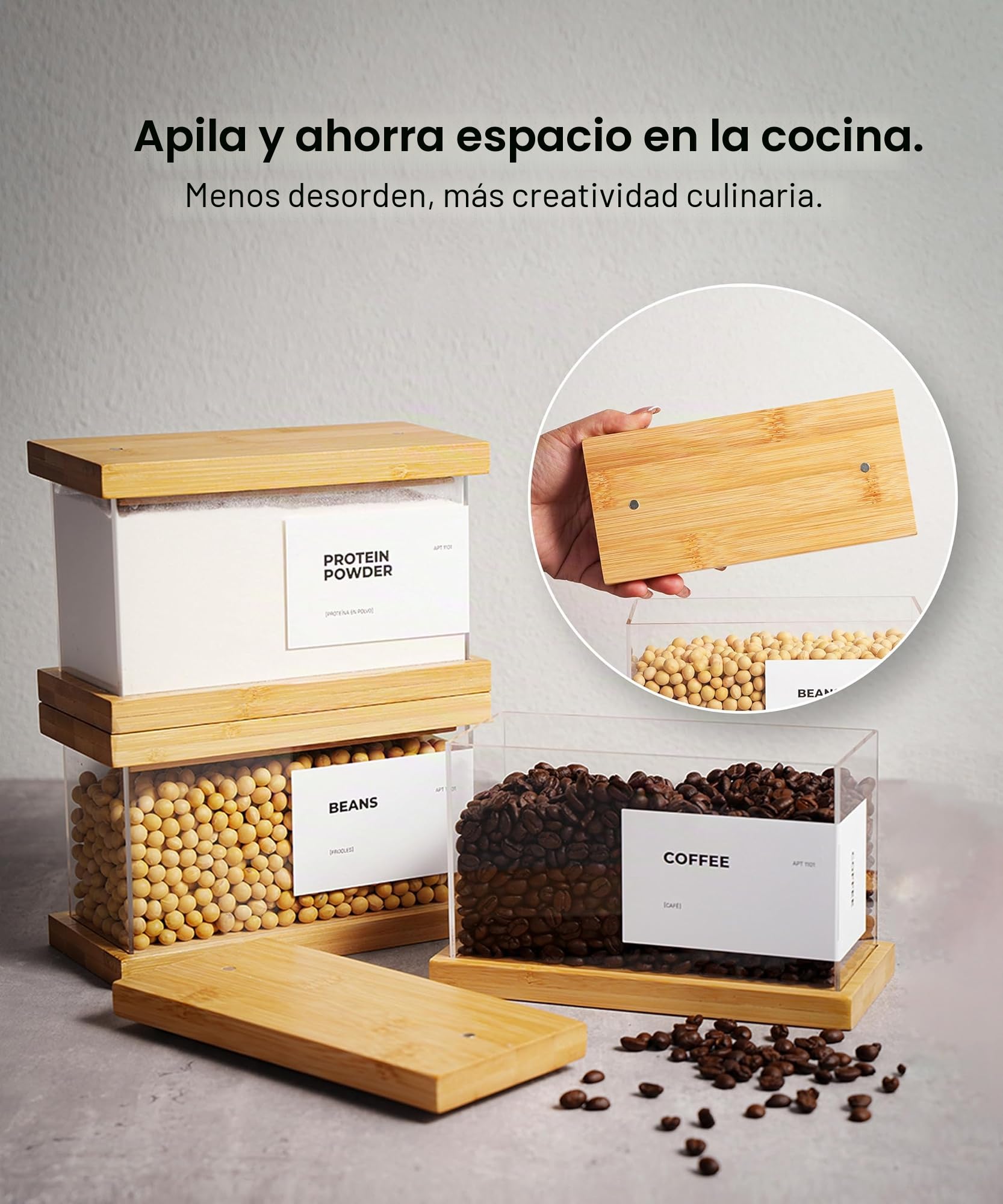 APT 1101 Dispensador de alimentos de bambú | Organizadores y almacenamiento de cocina | Organizadores herméticos de despensa y contenedor de almacenamiento | Cereales, arroz, harina, almacenamiento de