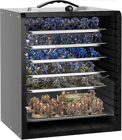 Miniature Storage Case for Collectibles Miniatures, Wooden Display Cases with 6 Trays, Miniature Display Case Miniatures Transport Case (Black)