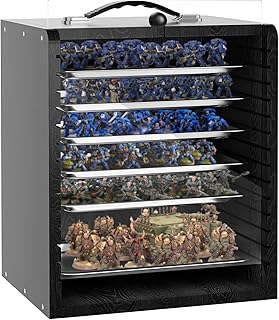 Miniature Storage Case for Collectibles Miniatures, Wooden Display Cases with 6 Trays, Miniature Display Case Miniatures Transport Case (Black)