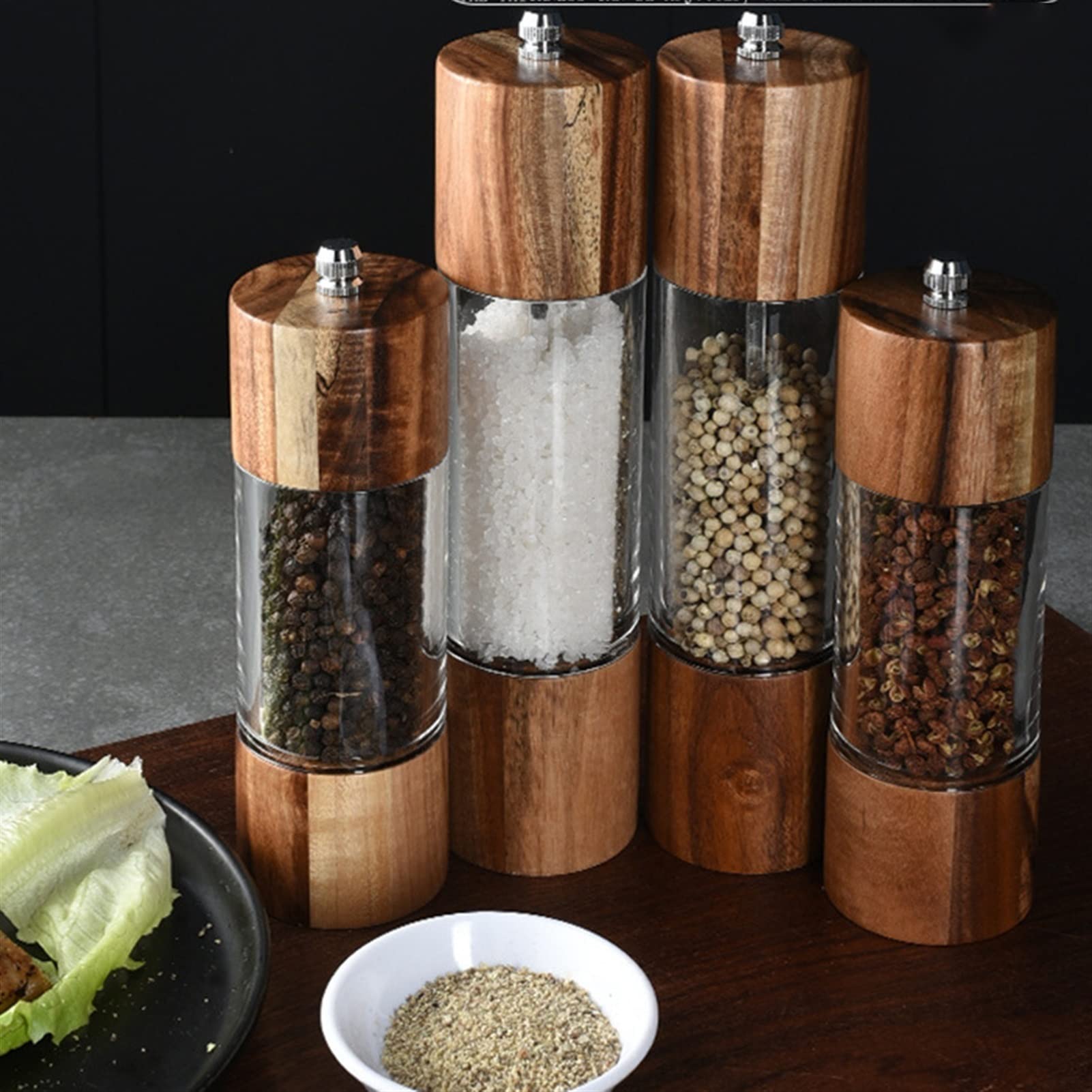 Pfeffermühle und Salzstreuer, Pfeffer- und Salzmühlen-Set, Holz, Acryl, Keramik, Aluminium, verschiedene Größen(B)
