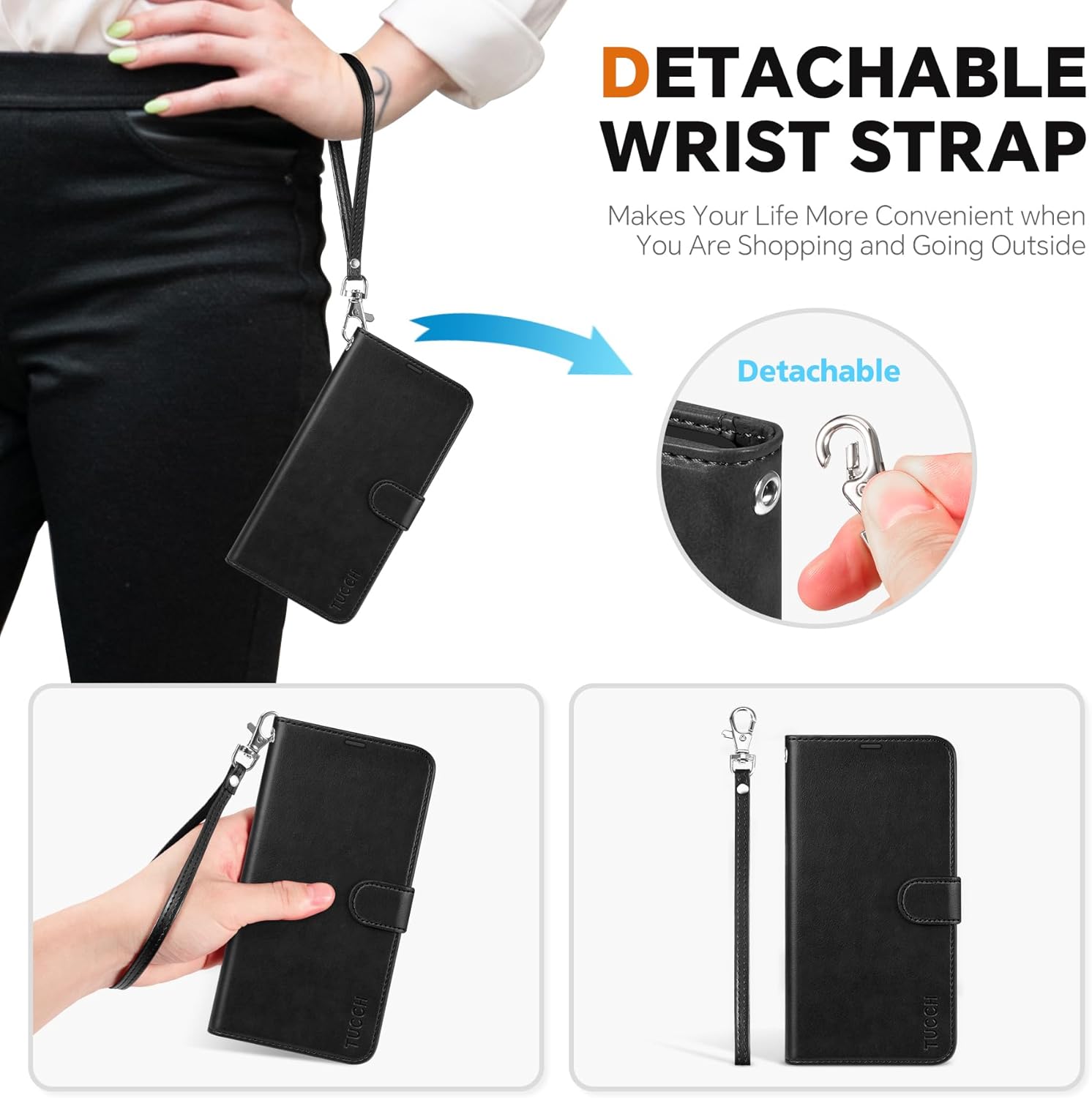 TUCCH Detachable Wallet Case for iPhone 17e/16e, [Wrist Strap] [Wireless Charging] RFID Blocking 4 Card Holder, Removable Stand PU Leather Flip Phone Cover for iPhone 17e 2026/16e 2025 6.1", Black