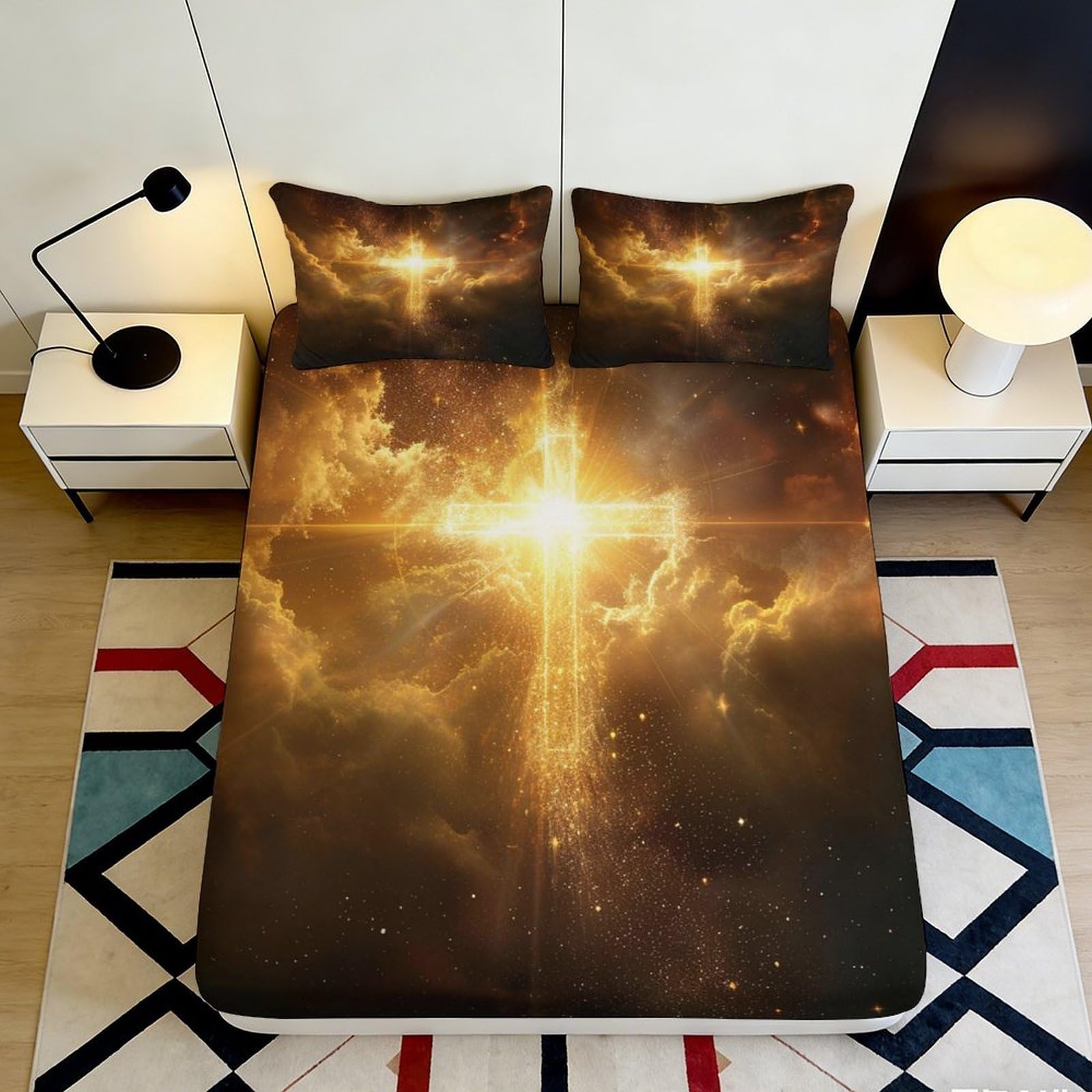 Pnayamiorkfel Style-10 3D Printed Glowing Cross Fitted Sheet Microfiber Soft Bedroom Decor Religious Light Mattress Cover 90X200x25cm