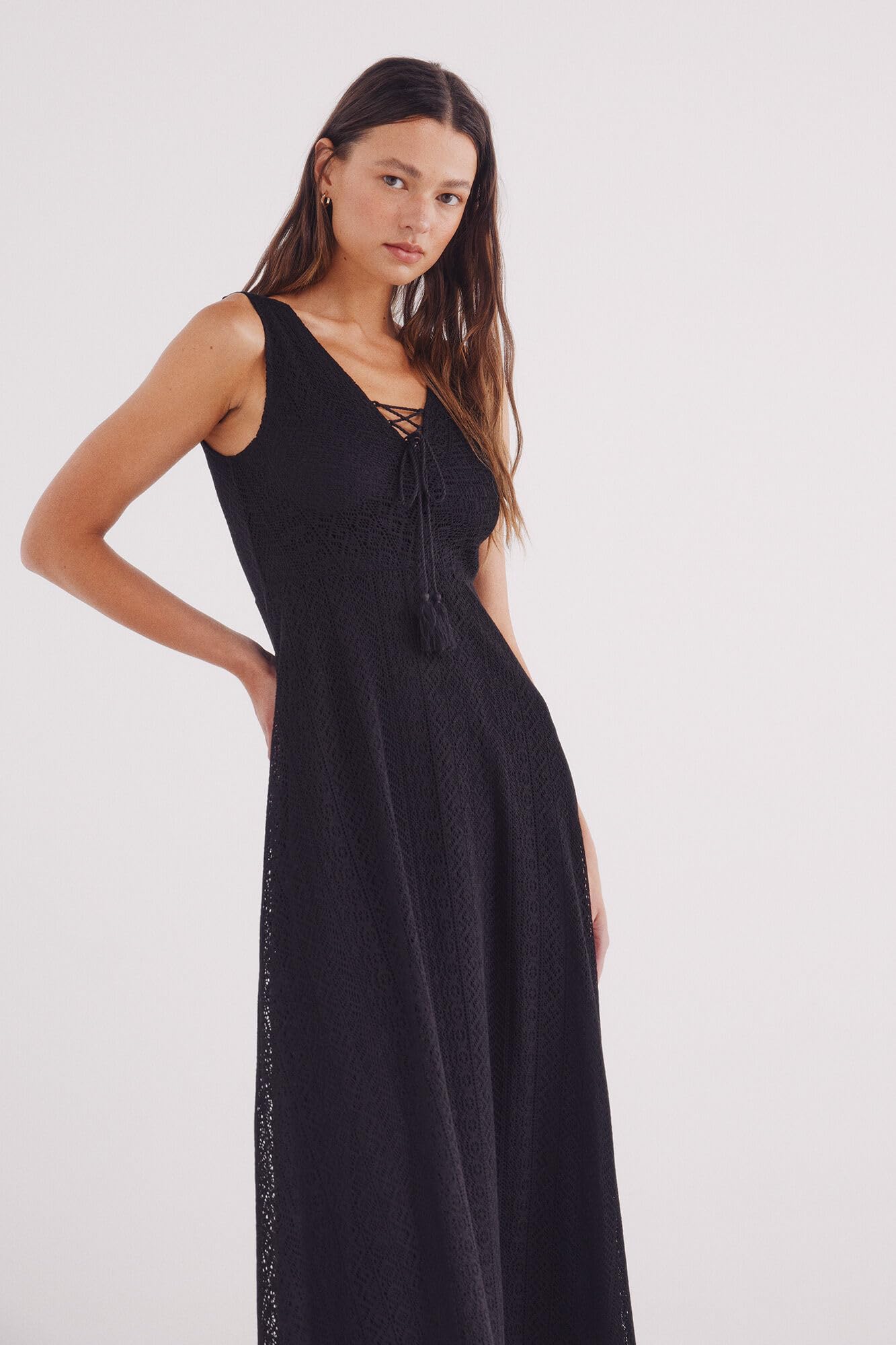 Springfield Midi Crochet Sleeve Less Black Dress with V Neck Abito con Scollo A V Donna