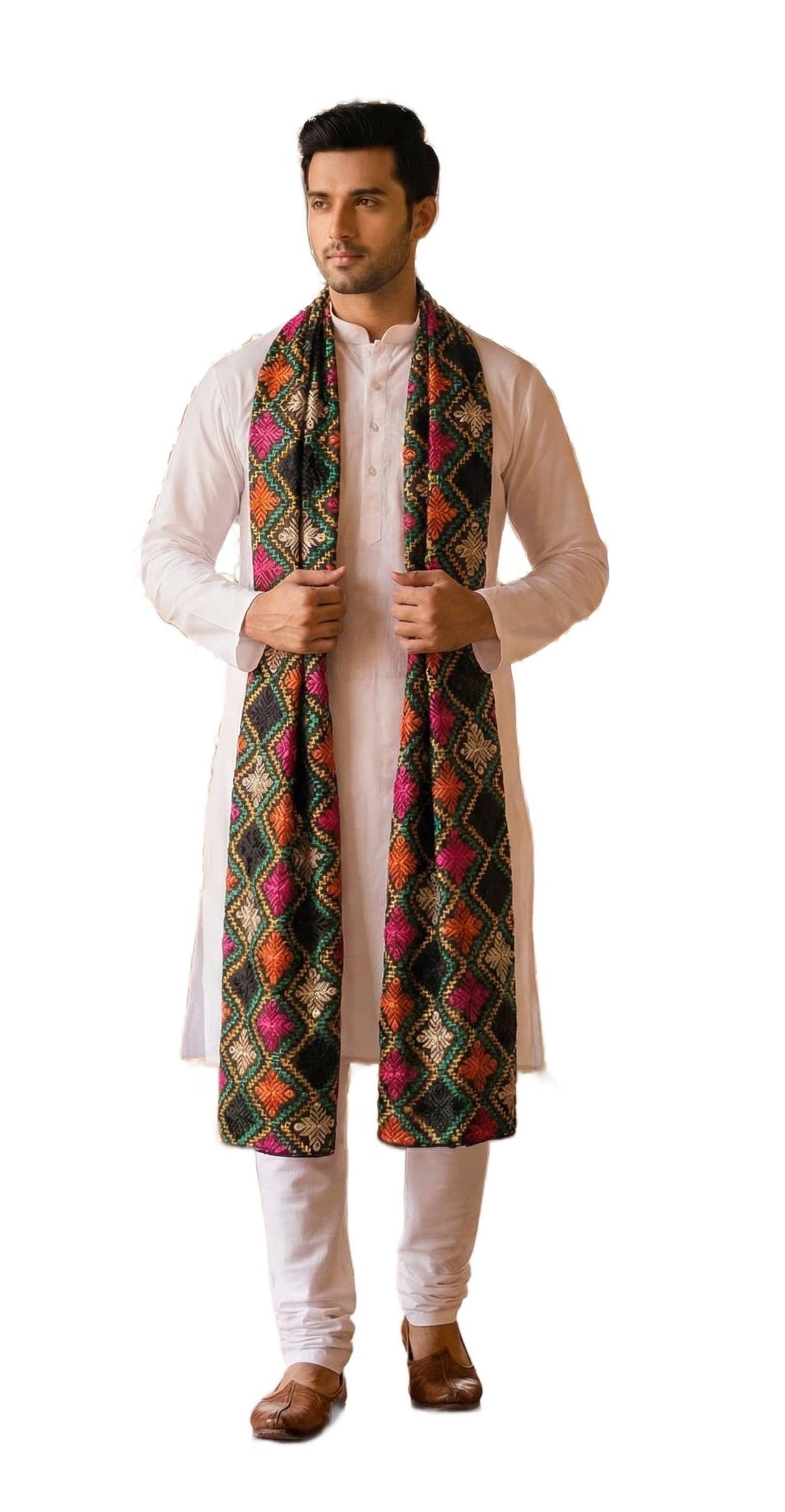 zamour Men’s Punjabi Phulkari Bagh Embroidered Dupatta in Multicolor Black Chinnon Fabric | Perfect for Festival & Wedding-picture-15