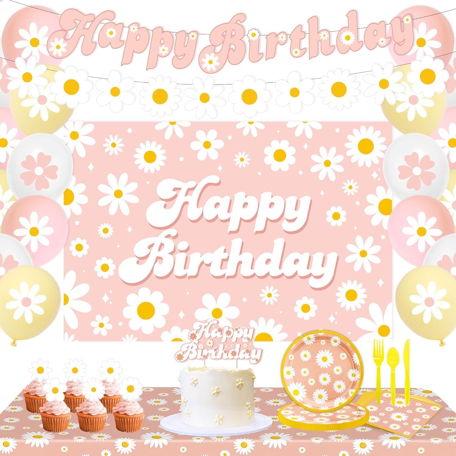 Daisy Party Decorations for Girls – 169 PCS Pink Flower Party Supplies Set with Plates, Napkins, Banner, Balloons, Tablecloth, Stickers, Backdrop for Kids Girls Birthday Baby Shower Wedding Decor