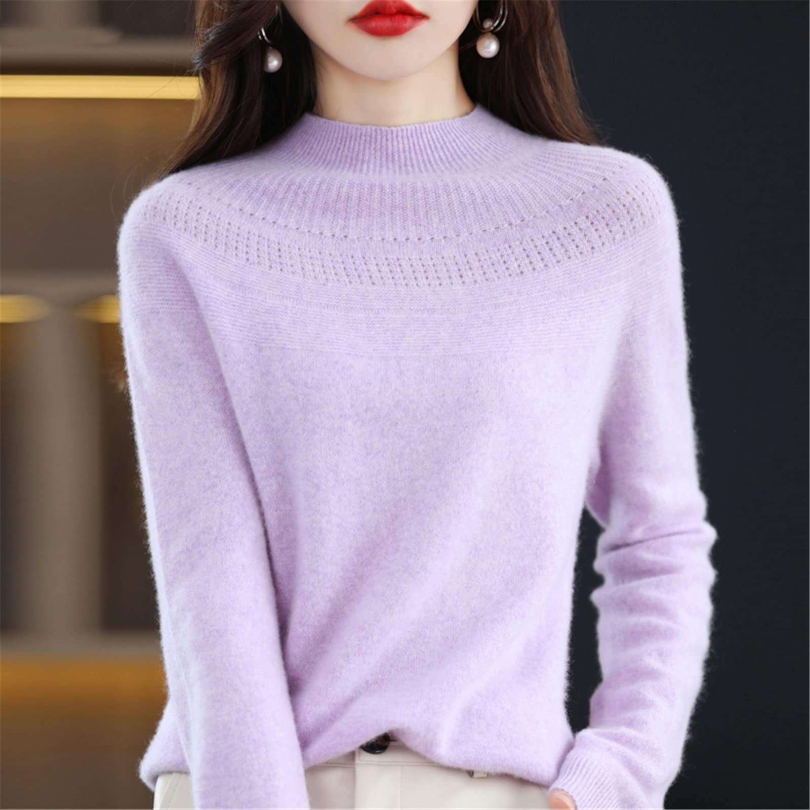 Kelsiop Suéter de cachemira sin costuras para mujer, suéter de lana con cuello alto para otoño e invierno, suéter de lana
