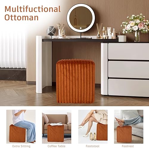 Miniatura 4 de Otomana cuadrada moderna, otomana con canal vertical, taburete tapizado de terciopelo para maquillaje, dormitorio, sala de estar, naranja oscuro