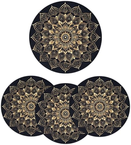 Miniatura 13 de Juego de 6 manteles individuales redondos, manteles individuales tejidos con mandala dorados, antideslizantes, resistentes al calor, lavables,