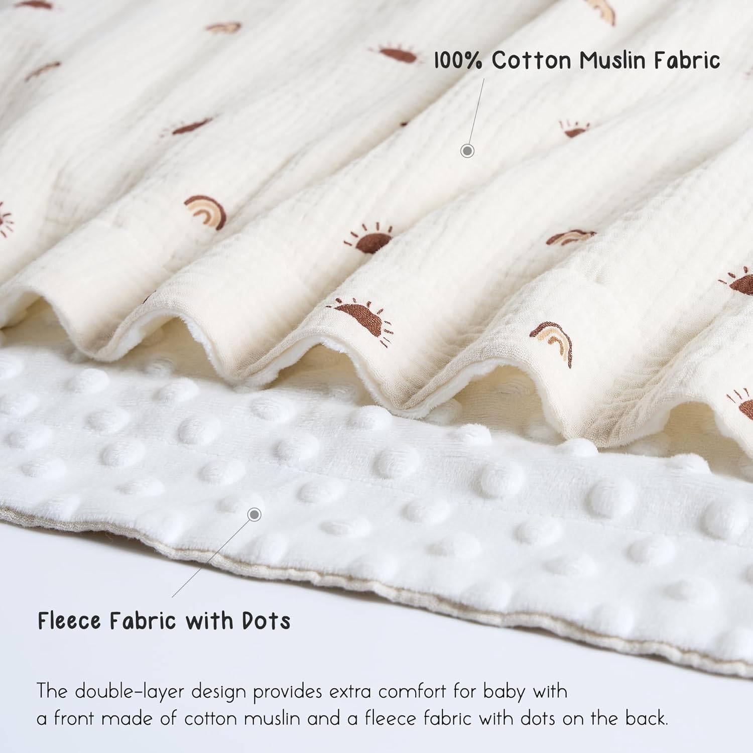 Meracorallo 30" x 40" Baby Blankets, Cozy Soft Muslin Fleece Nursery Blanket, Infant Toddler Bedding Crib Cot Stroller Blanket with Muslin Cotton Front and Minky Dotted Fleece Backing, Sun Rainbow - Image 4