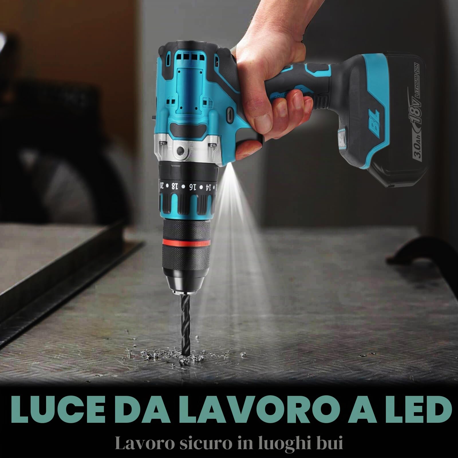 Trapano avvitatore a batteria compatibile con batteria al litio Makita 18 V, trapano a percussione senza spazzole da 120 Nm con 20 + 3 livelli di coppia, mandrino da 13 mm, lampada da lavoro a LED