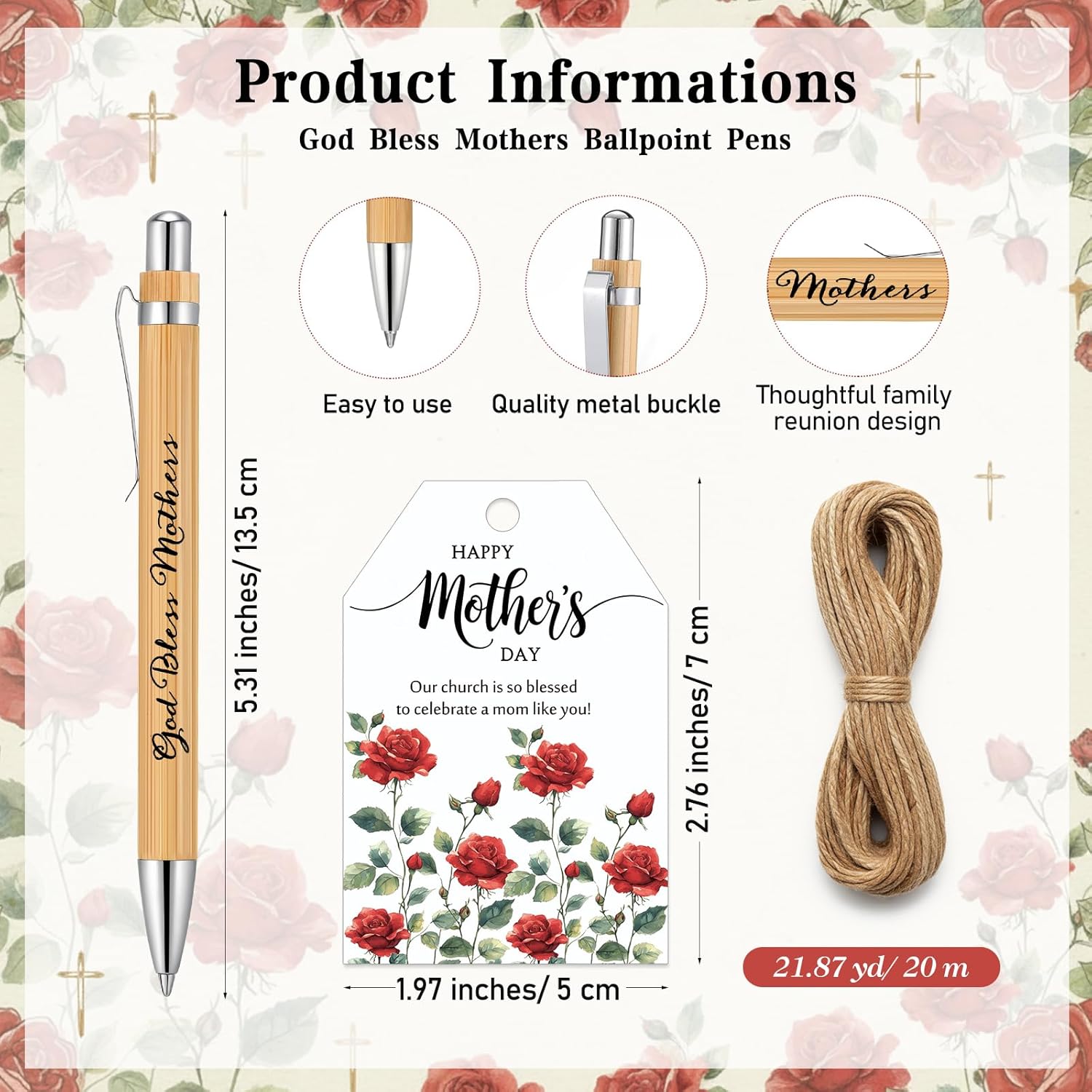 Moinchore Mother's Day Gifts Christian Bible Verse God Bless Mothers Pens Religious Notebooks Christian Gift Cards with Bags Twine for Women Church Sunday School(60 Sets,Rose)