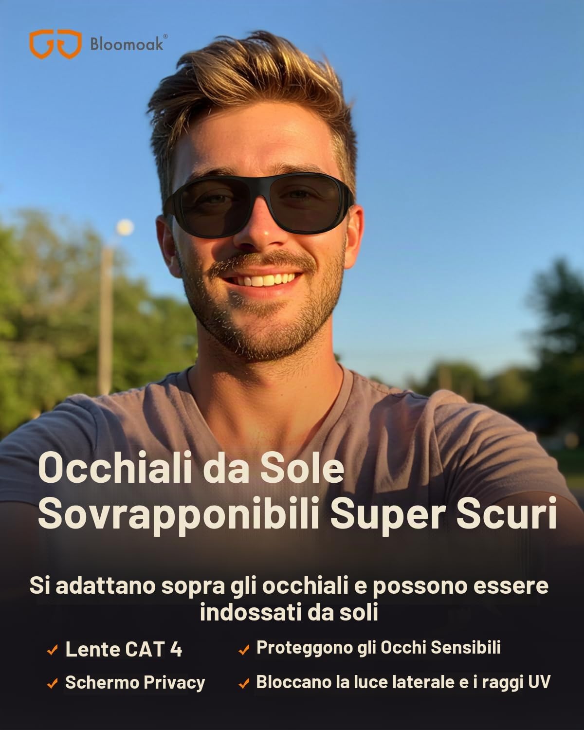 Bloomoak Super Dark Lens Polarized Fit Over Wraparound XL Occhiali da sole grandi per occhi sensibili all'emicrania | Extra Large 150 mm