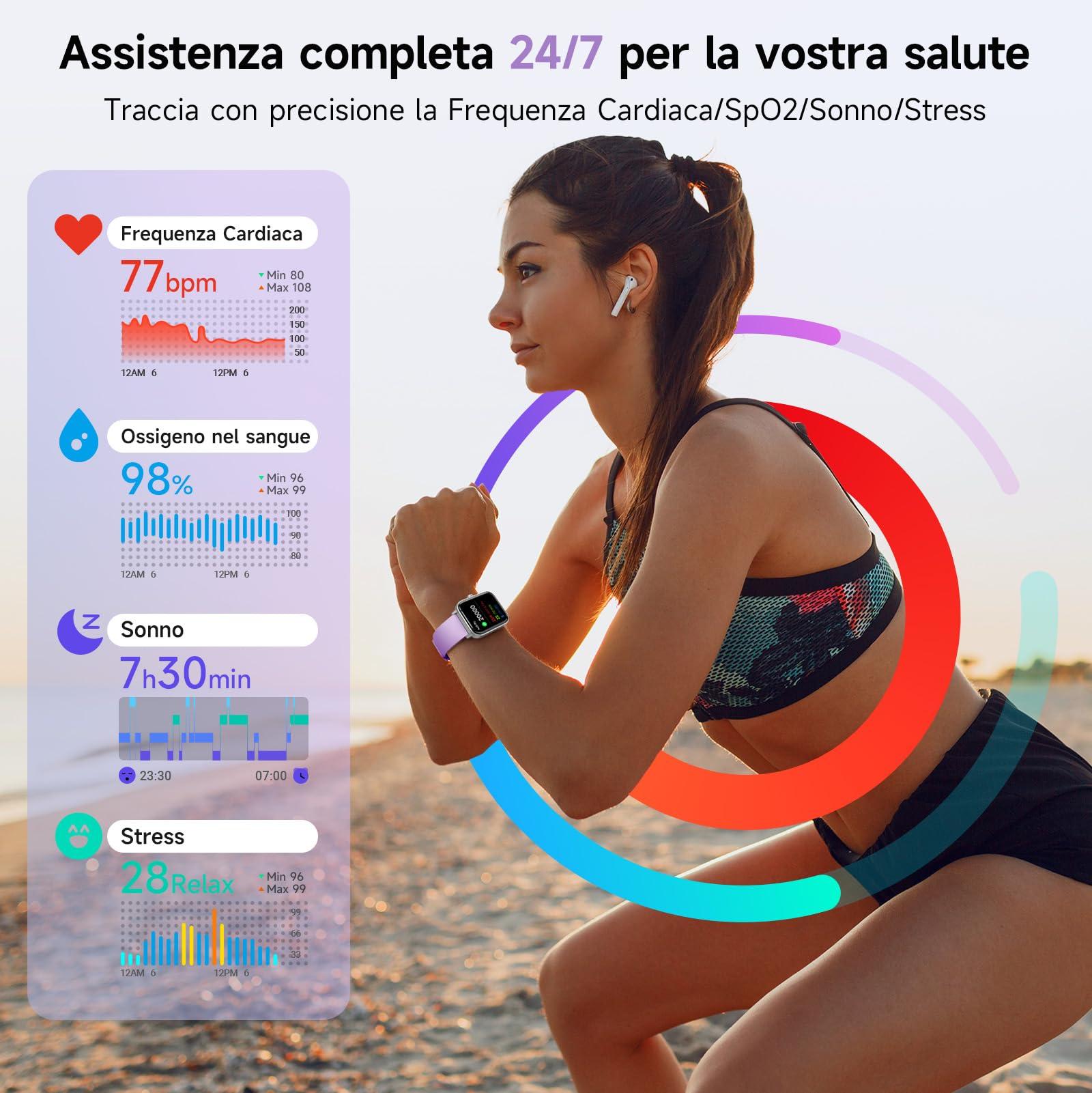 Smartwatch Donna, 1.8" Orologio Smartwatch con Alexa Integrato, Effettua/Risposta Chiamate, Fitness Tracker con Cardiofrequenzimetro/Contapassi/SpO2/Sonno, 110+ Sportive, IP68 per Android iOS- Viola