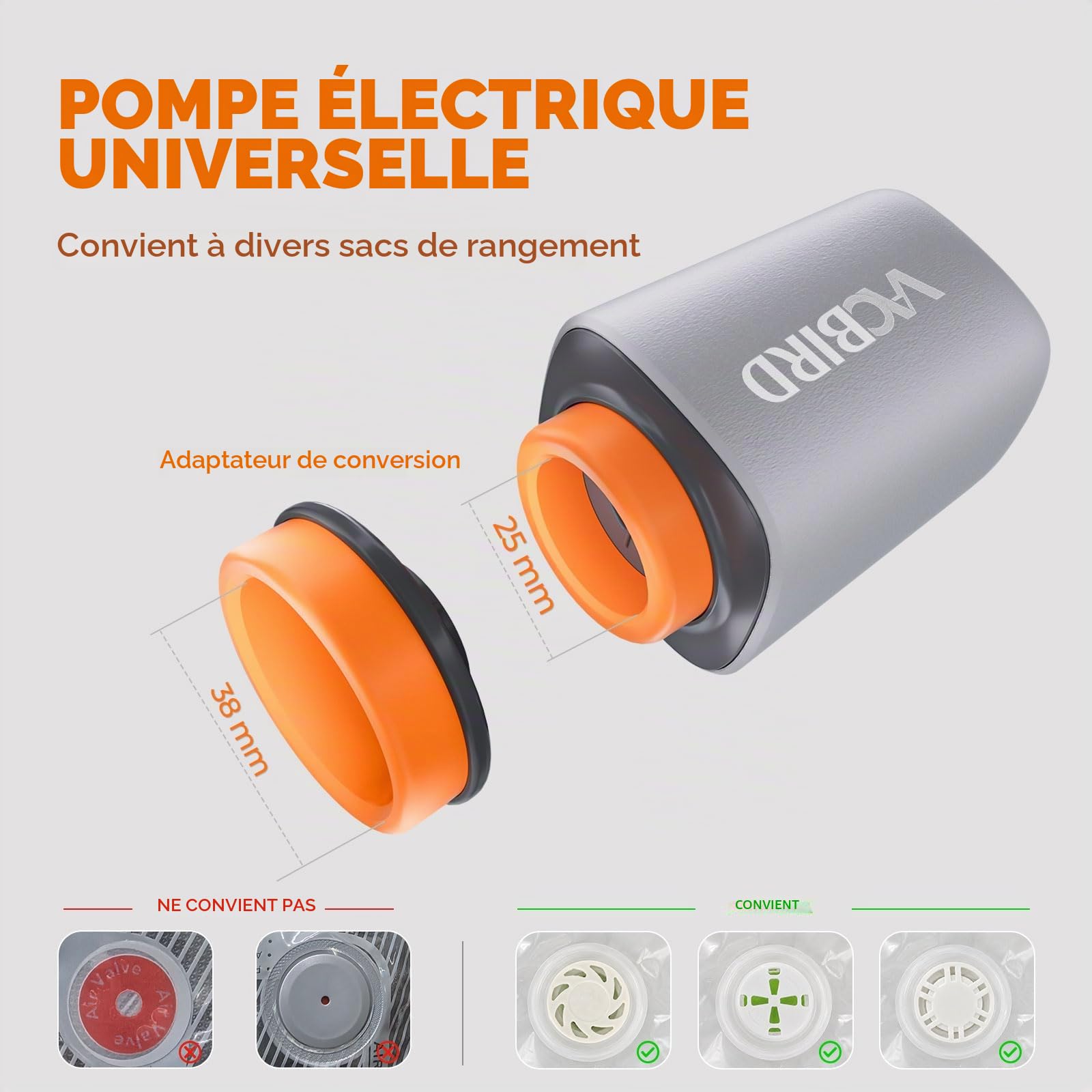 Vacbird -4500Pa Pompe Sous Vide de Voyage Sans Fil, Ultra-Légère et Compacte pour Sac Sous Vide Vetement Aspirateur, Aspiration Puissante, Idéal pour Gagner de la Place