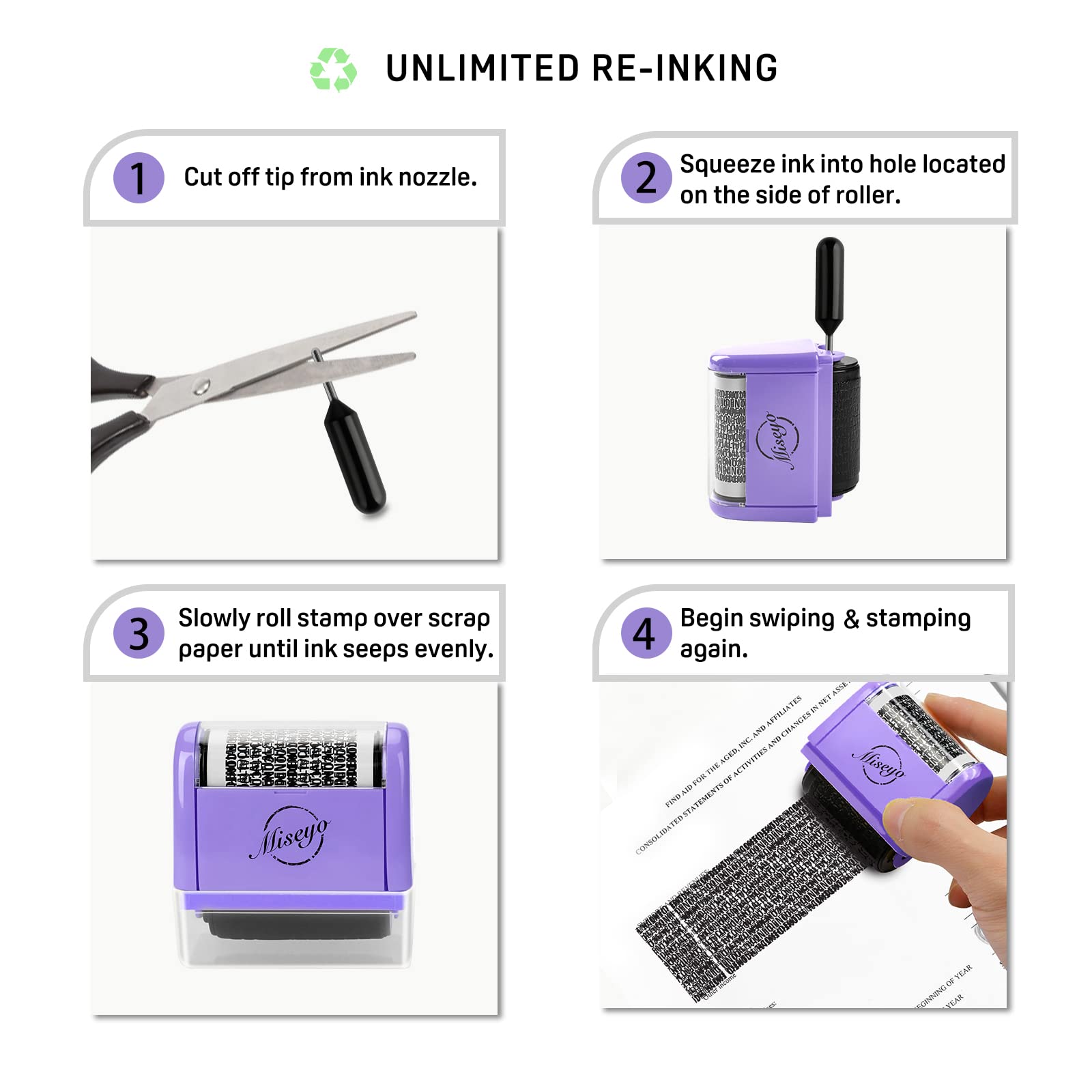 Miseyo Wide Identity Theft Protection Roller Stamp Set - Purple (3 Refill Ink Included), Stamp+3 Refills - Image 3