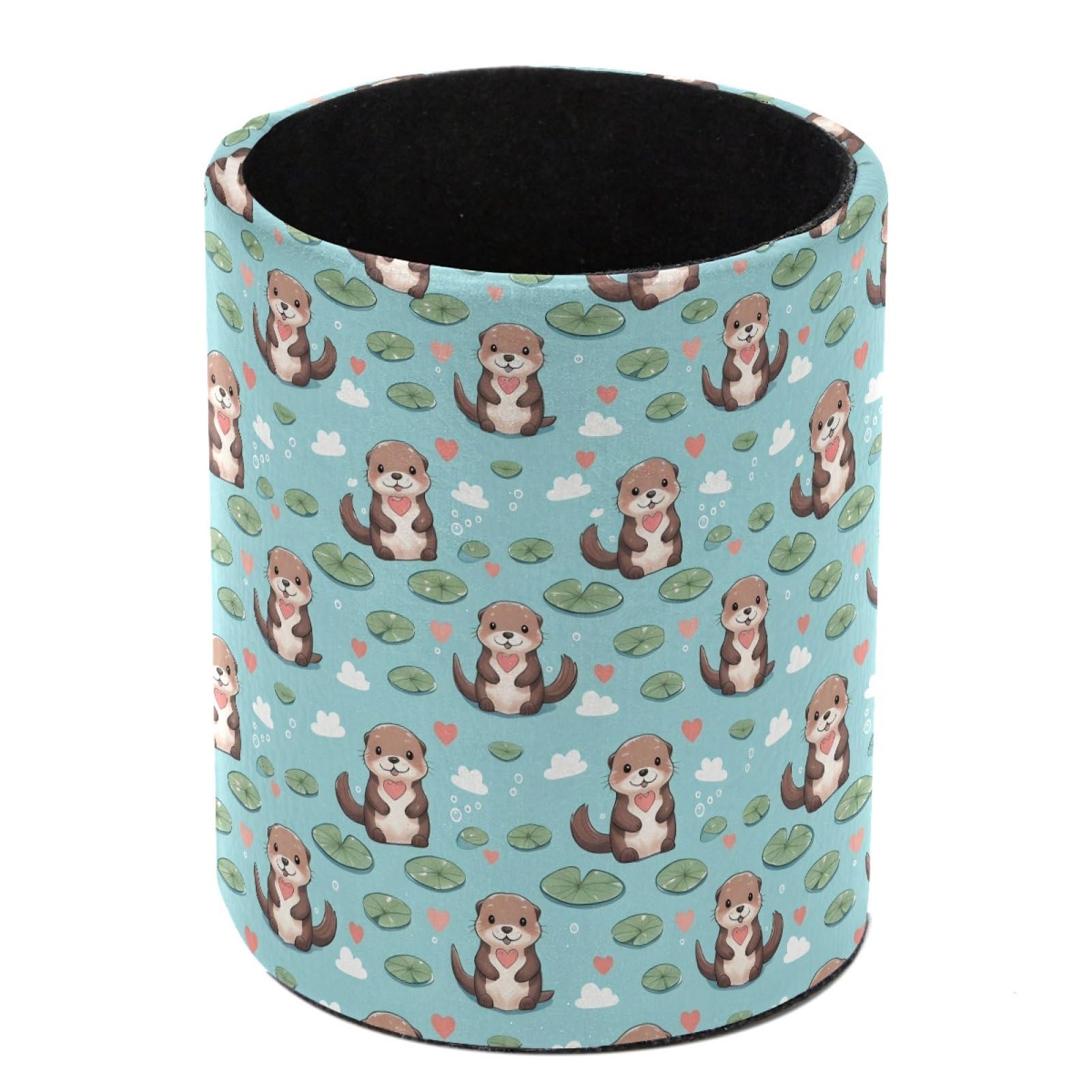 HEOEH Otters Pen Holder for Desk, PU Leather Pencil Holder Pen Cup Marker Holder Makeup Brush Holders, Desk Accessories & Workspace Organizers for Home, Office
