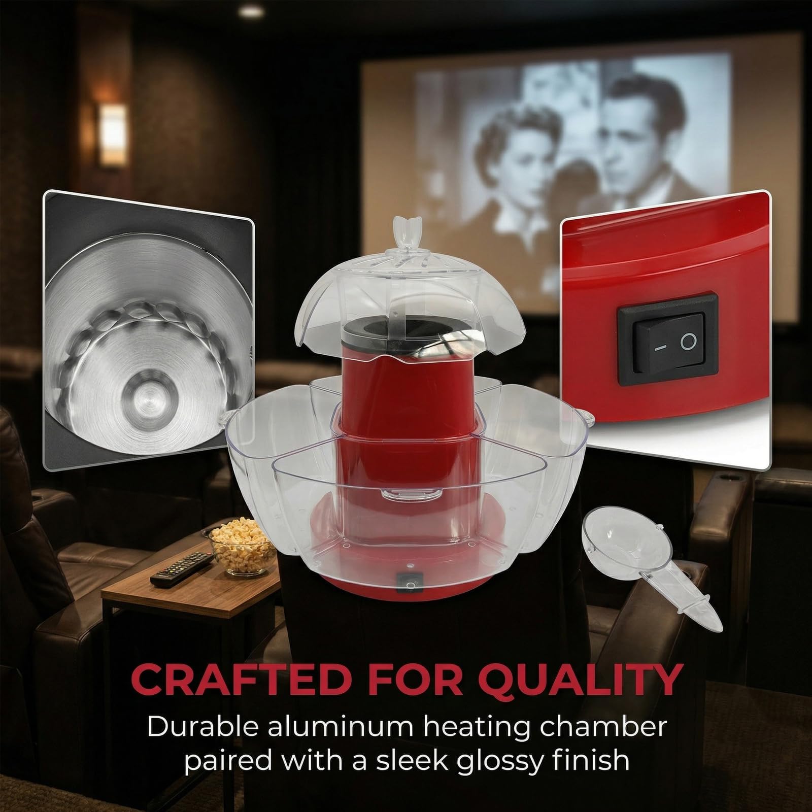 Máquina para hacer palomitas de maíz con interruptor de encendido/apagado, producción rápida de 2 minutos, cuenco extraíble para servir, gran capacidad para el hogar, fiestas y noches de cine