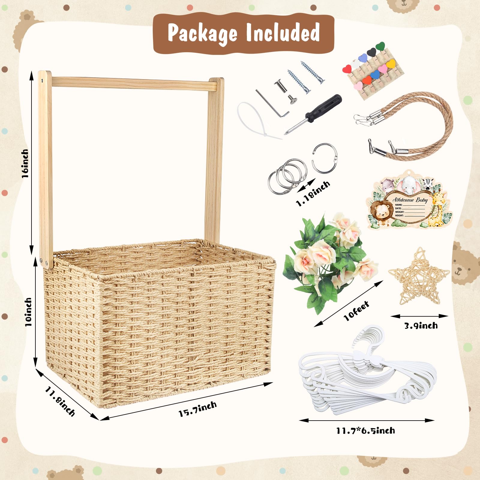 Wisreach Armario de madera para baby shower, cesta de almacenamiento plegable tejida a mano para regalos de baby shower, cesta de regalo de bienvenida para recién nacidos, niños y niñas, regalos de