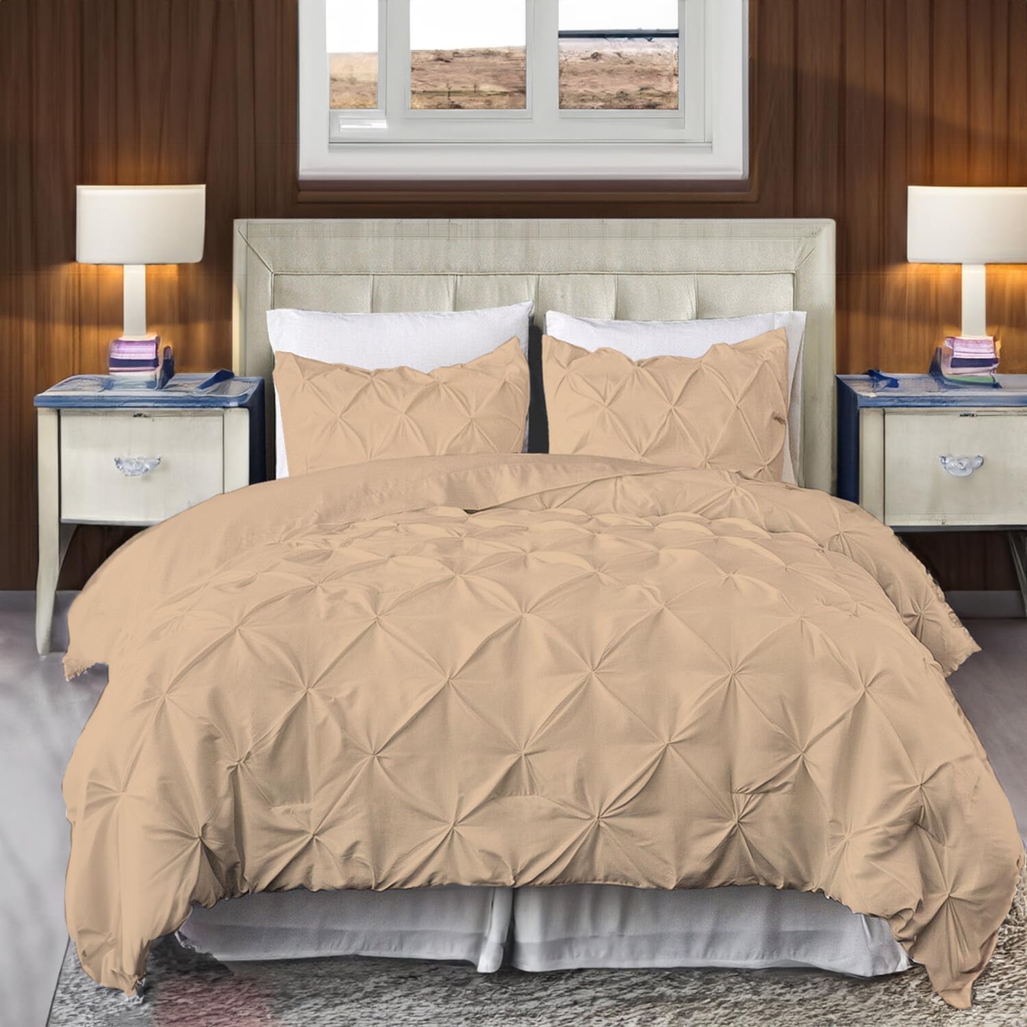 EASYCOT 800TC Diamond Pintuck Duvet Cover Egyptian Cotton 1 Piece Duvet Cover Pinch Pleat Comfortable Hotel Quality Bedding set - Beige,Emperor Size