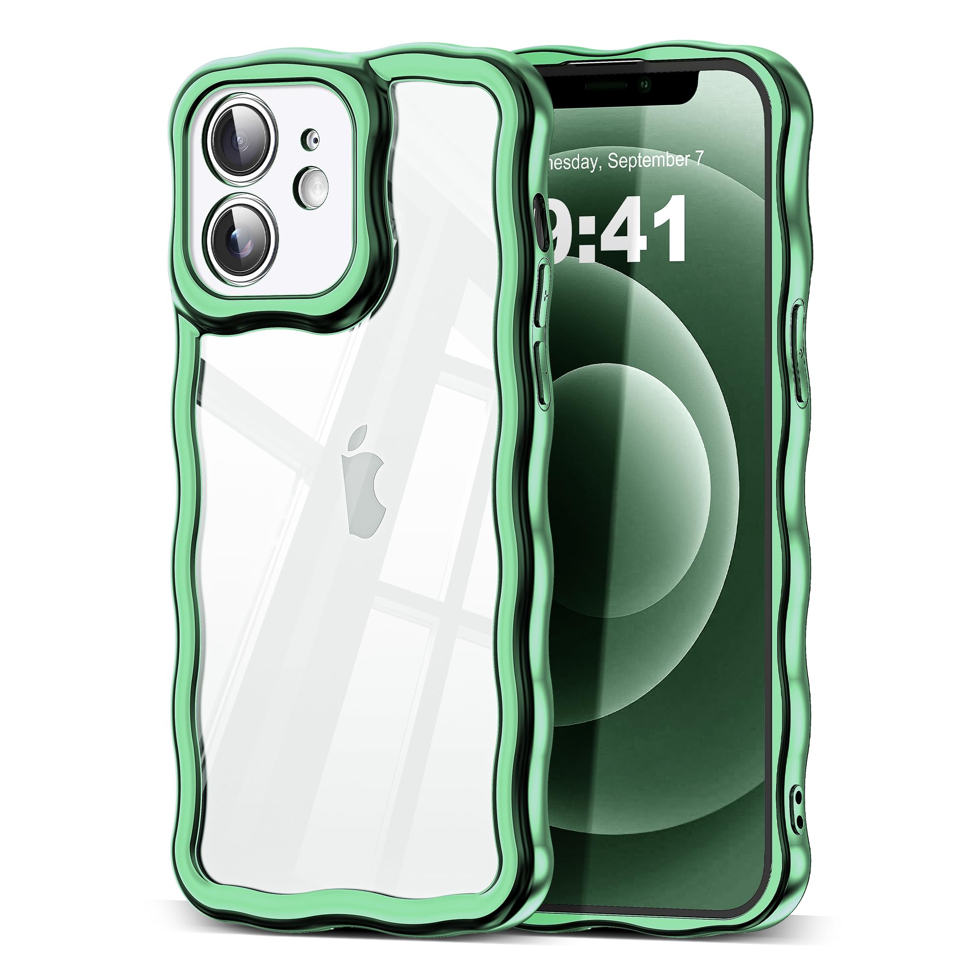 SKYLMW Compatible with iPhone 12 Case, Kawaii Cute Curly Wave Frame Luxury Plating Edge, Stylish Glossy Clear Back, Soft TPU Shockproof Protective