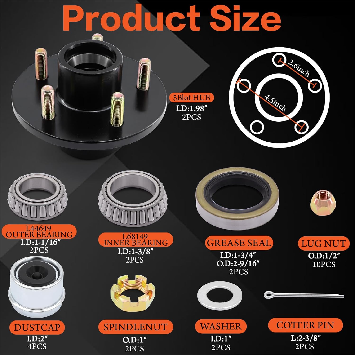 2 Sets Trailer Wheel Hub Kit 5 Bolt 4.5 inch,5 Lug 3500 lb Axle Kit with Dust Cap and Rubber Plug for Boat Trailers, Fits for 1"-1/16" to 1-3/8" Axles
