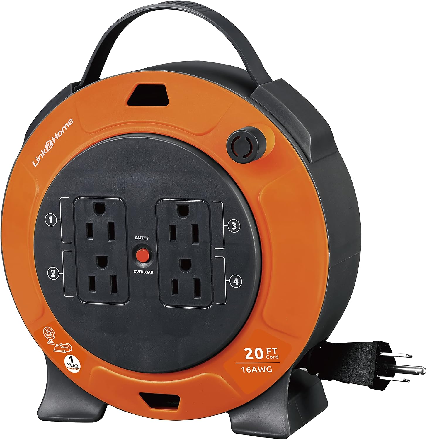 Link2Home Heavy Duty Retractable Extension Cord Reel 20 Ft. With 4 Outlets & 16AWG 3-Prong SJT Cord