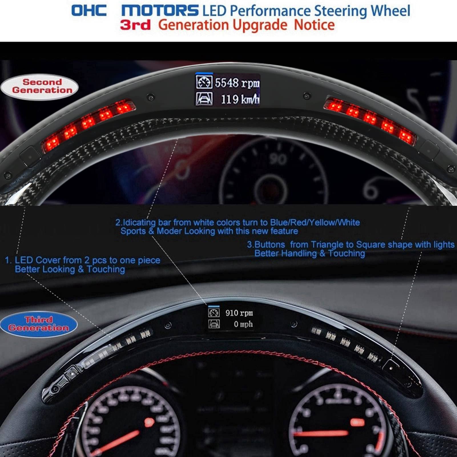 Amazon | Qiilu Racing ステアリングホイール カーボンファイバー LED