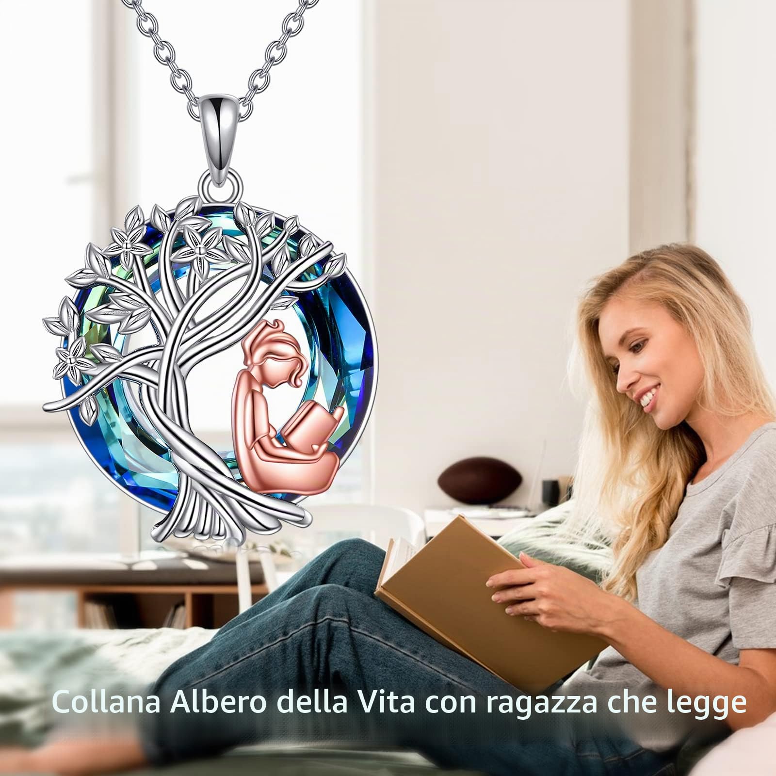 YFN Collana libro Argento Sterling Ciondolo Lettura Cristallo Albero della Vita Bibliotecario Gioielli Compleanno Laurea Club del Libro Regali per Donna Bambina