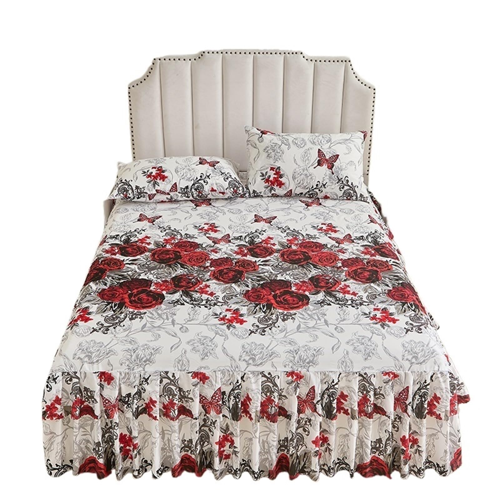 Bettrock mit Rüschen,Betthusse 3 stücke Set Floral Stil Bett Rock Und Kissenbezug Rüschen Abdeckung Hause Weiche Bettdecke Leinen(Mudanhuakai,200x200cm 3pcs Set)