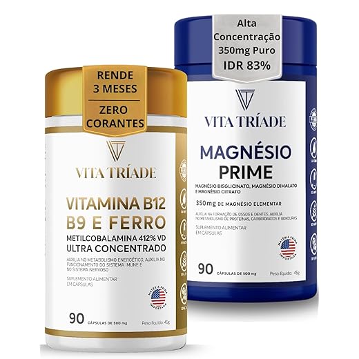 Vitamina B12 Metilcobalamina Ferro Ácido Fólico 90 Cáps + Magnésio Bisglicinato, Citrato e Dimalato 350mg Concentrado - 90 Cáps