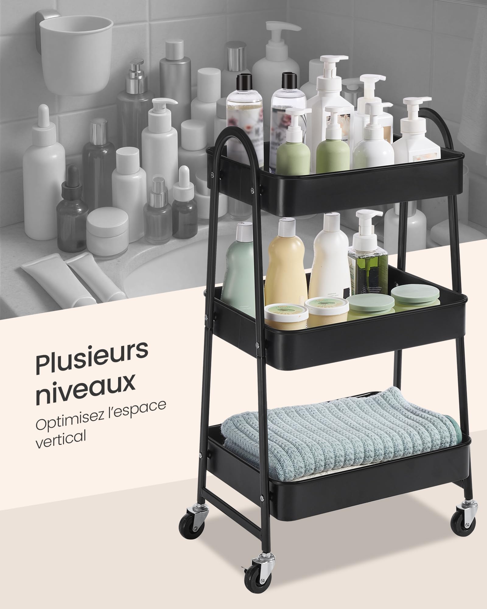 SONGMICS Desserte à roulettes en Acier, à 3 Niveaux, 45 x 31 x 77,5 cm | Chariot de Rangement, Étagère Cuisine, pour Salle de Bain et Buanderie, Noir d'encre, Collection PATAYE BSC068B01