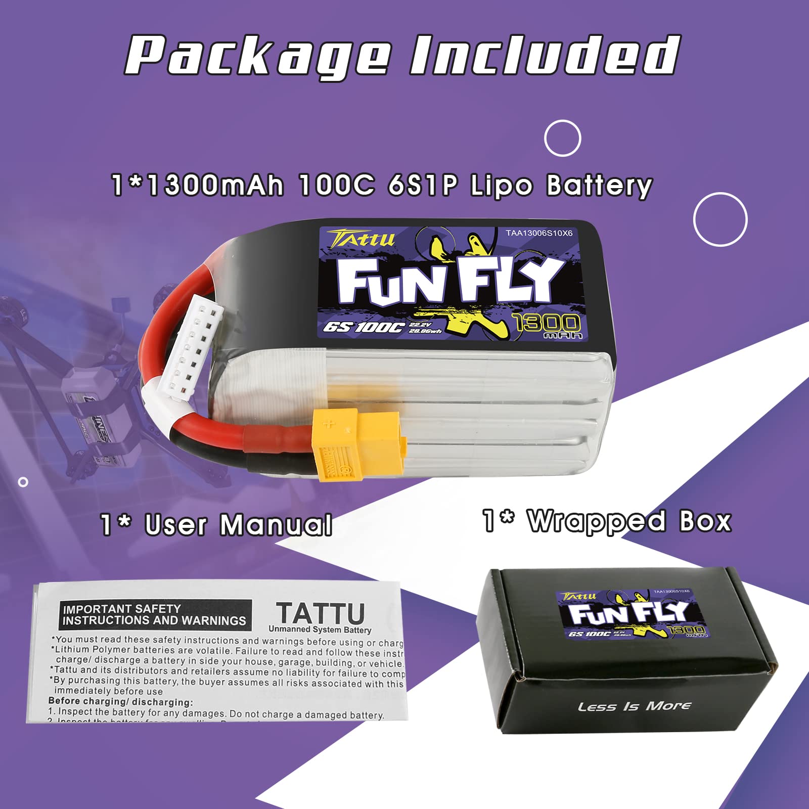 TATTU Funfly Series 1300 mAh 22,2 V 100C 6S1P Lipo Battery Pack with XT60 Plug