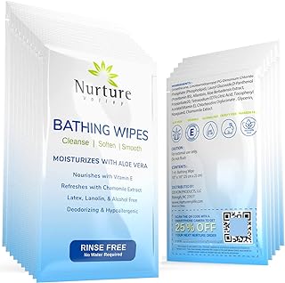 Nurture Rinse Free Bathing Wipes for Adults w/Aloe Waterless Cleansing for sensitive skin Disposable Adult Body Bath Wet Wipe for Disabled Bedridden (Pack of 40 (individually wrapped))