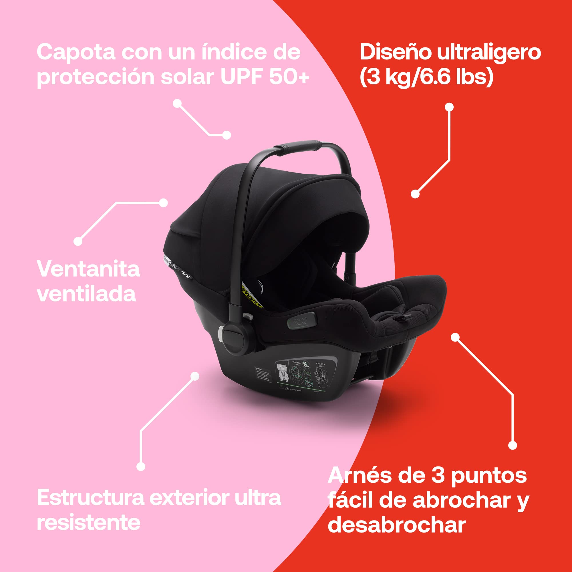 Bugaboo Turtle Air by Nuna, Silla de Coche Para Bebés y Niños Cómoda con Adaptadores para el Bugaboo Bee y Capota Grande para el Sol, Ligera y Segura