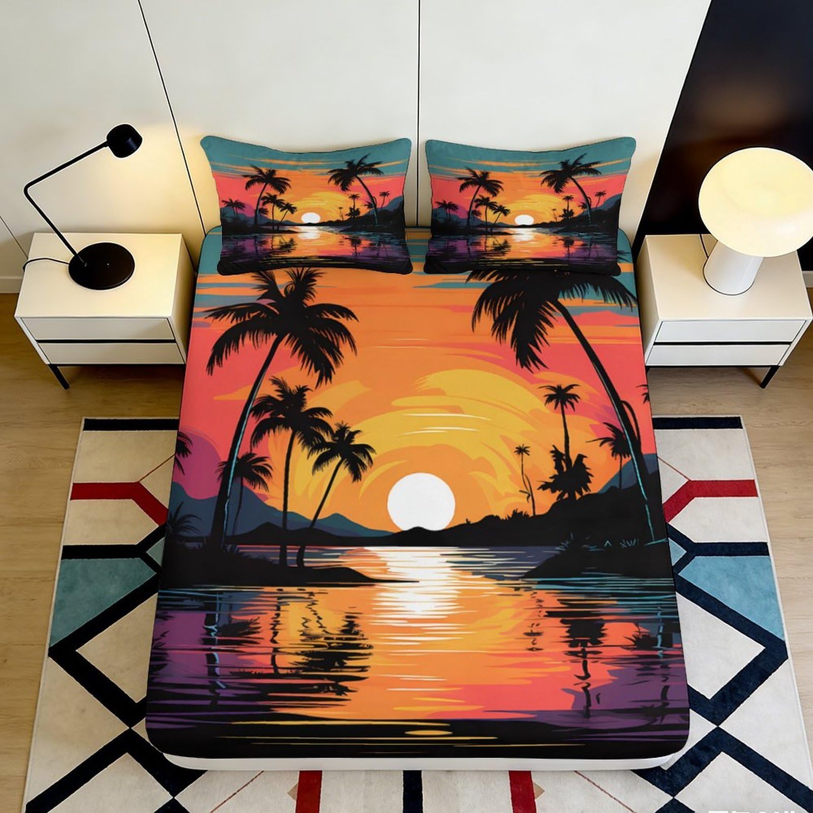 Pnayamiorkfel Style-2 3D Printed Tropical Sunset Fitted Sheet Microfiber Soft Palm Beach Bed Cover For Bedroom Guest Room Decor 90X200x25cm