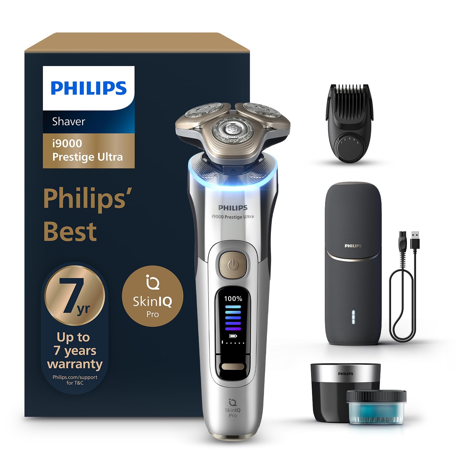 Philips World's No.1 Electric Shaver | Our Closest Shave Ever - 0.08 mm below Skin Level | Powered by AI | SkinIQ Pro Tech | UV Case - Kills 99.9% Bacteria | Quick Cleaning Pod | 5 Shaving Modes| Pressure & Motion Guidance | 7 Yr Warranty | XP9404/46