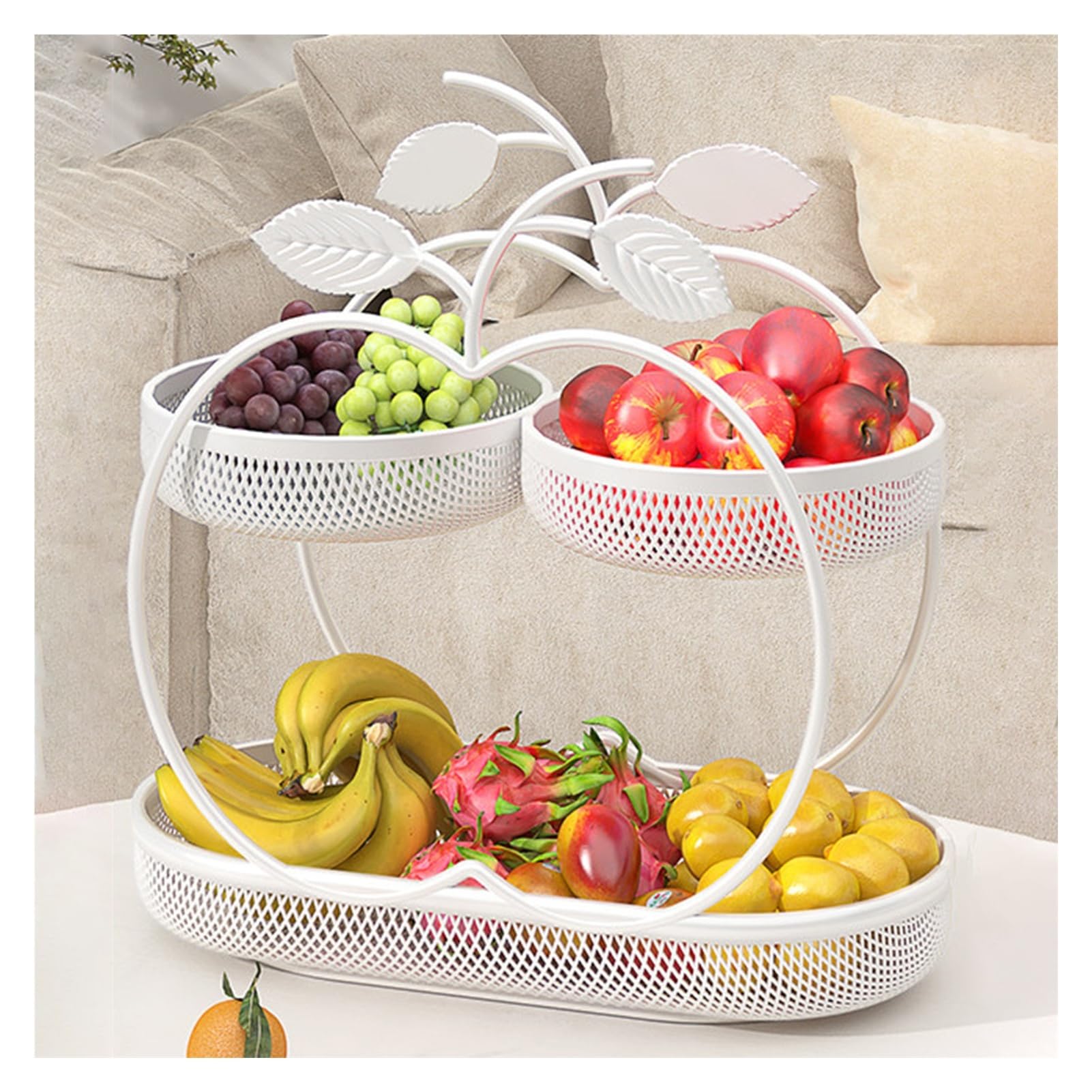 Frutero de tres niveles para ahorrar espacio en mesas pequeñas