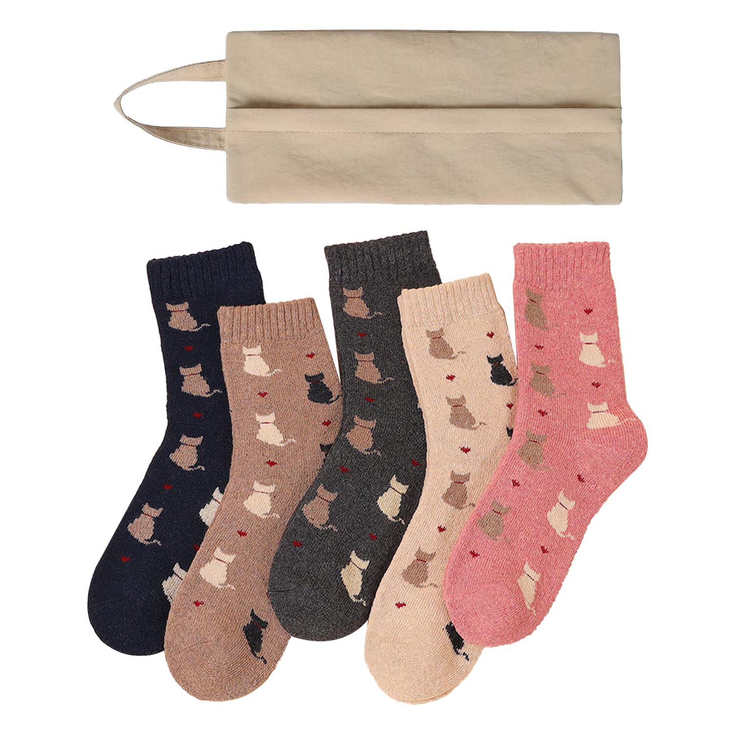 WUFGWBD 5 Pairs Of Kitty Pattern Socks And 1 Sock Storage Bag, Women'S Warm Socks, Winter Fleece Socks, Soft And Comfortable Socks, Home Socks