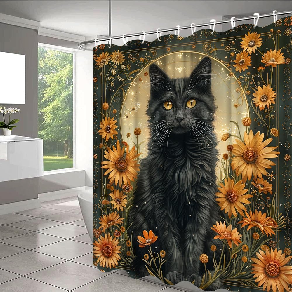 Cat Shower Curtain Black Cute Funny Animal Yellow Floral Rustic Farmhouse Flower Full Moon Boho Bathroom Decor Set Polyester Fabric with Hooks 70Wx90H Inch